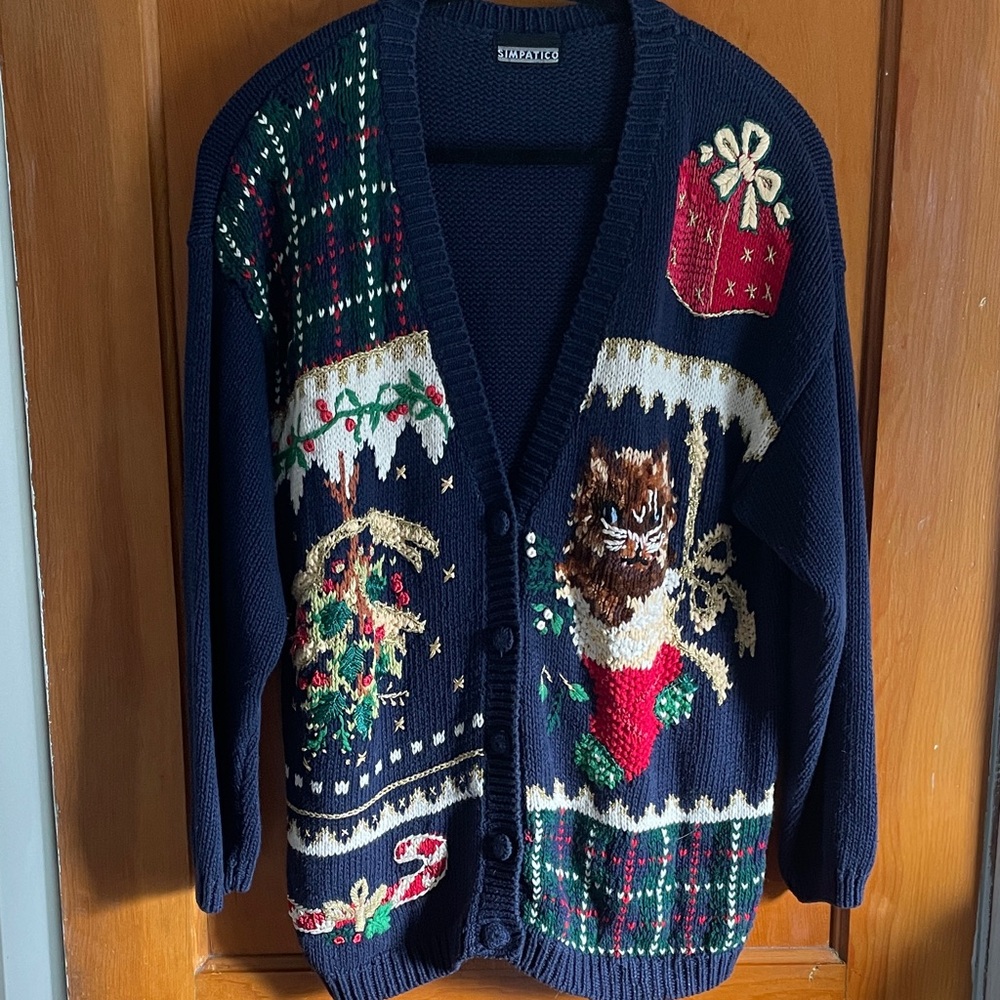 Blue Holiday Cardigan with Festive Design